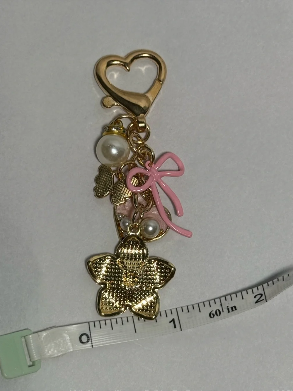 Pink Heart & Flower Charm Keychain with Pearls